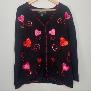 Women’s Terazzo Black Sweater cardigan with Red and Pink Heart Accents xxl 2xl